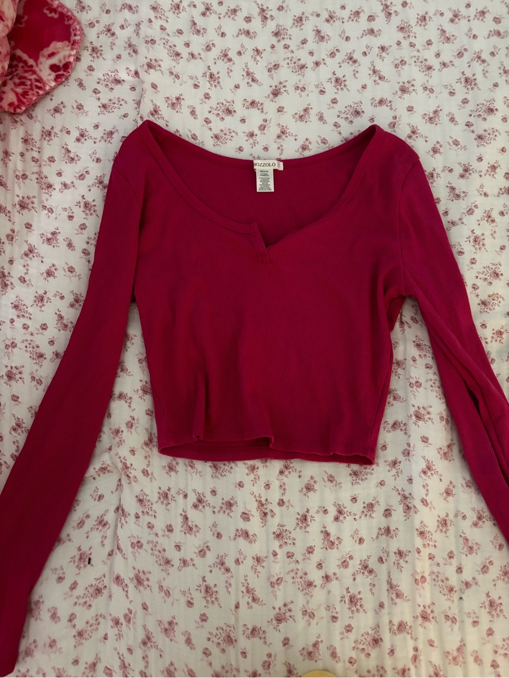 Bozzolo Long Sleeve Ribbed Scoop Neck Crop Top - Raspberry